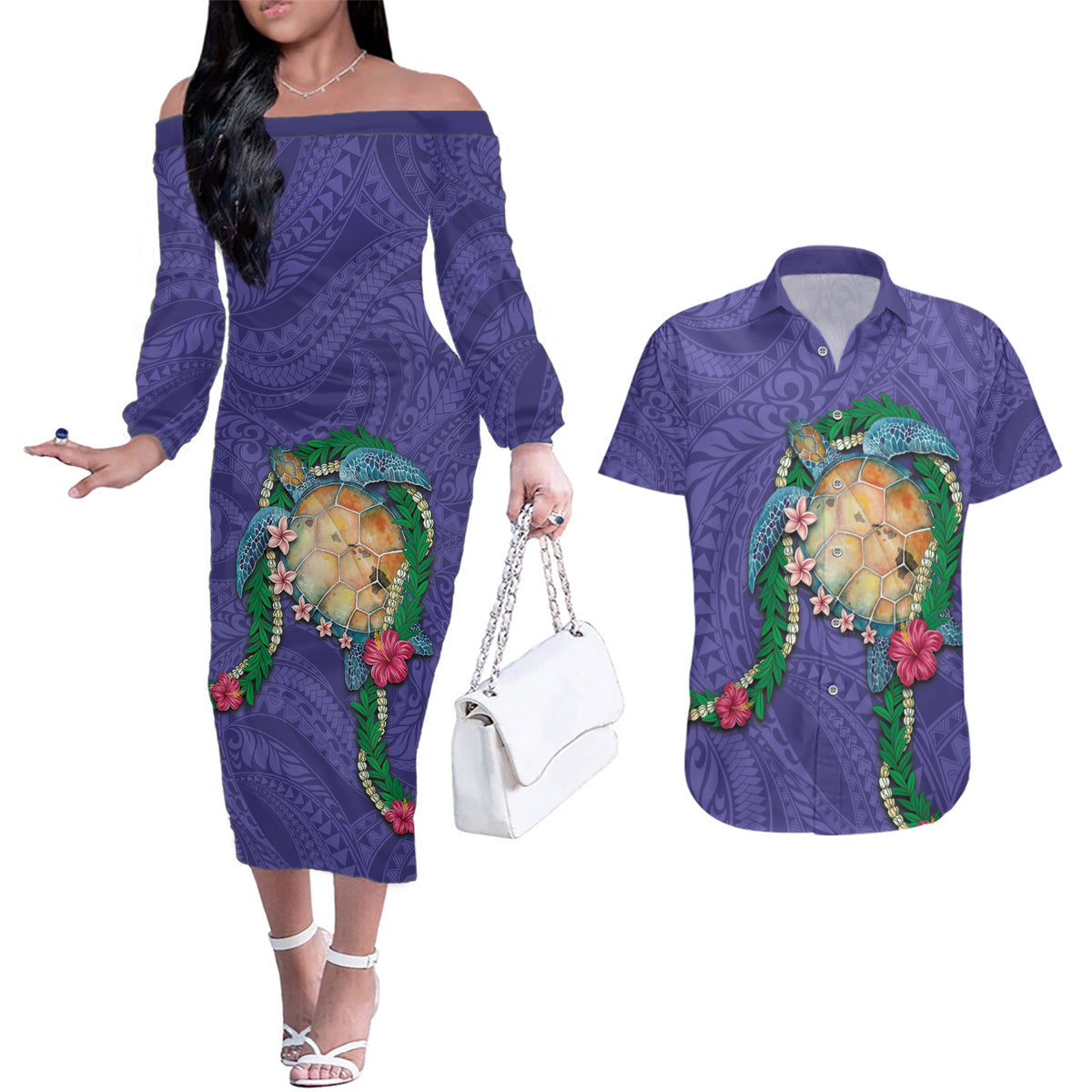 Hawaii Pikake and Maile Lei Couples Matching Off The Shoulder Long Sleeve Dress and Hawaiian Shirt Honu Polynesian Pattern Purple Color