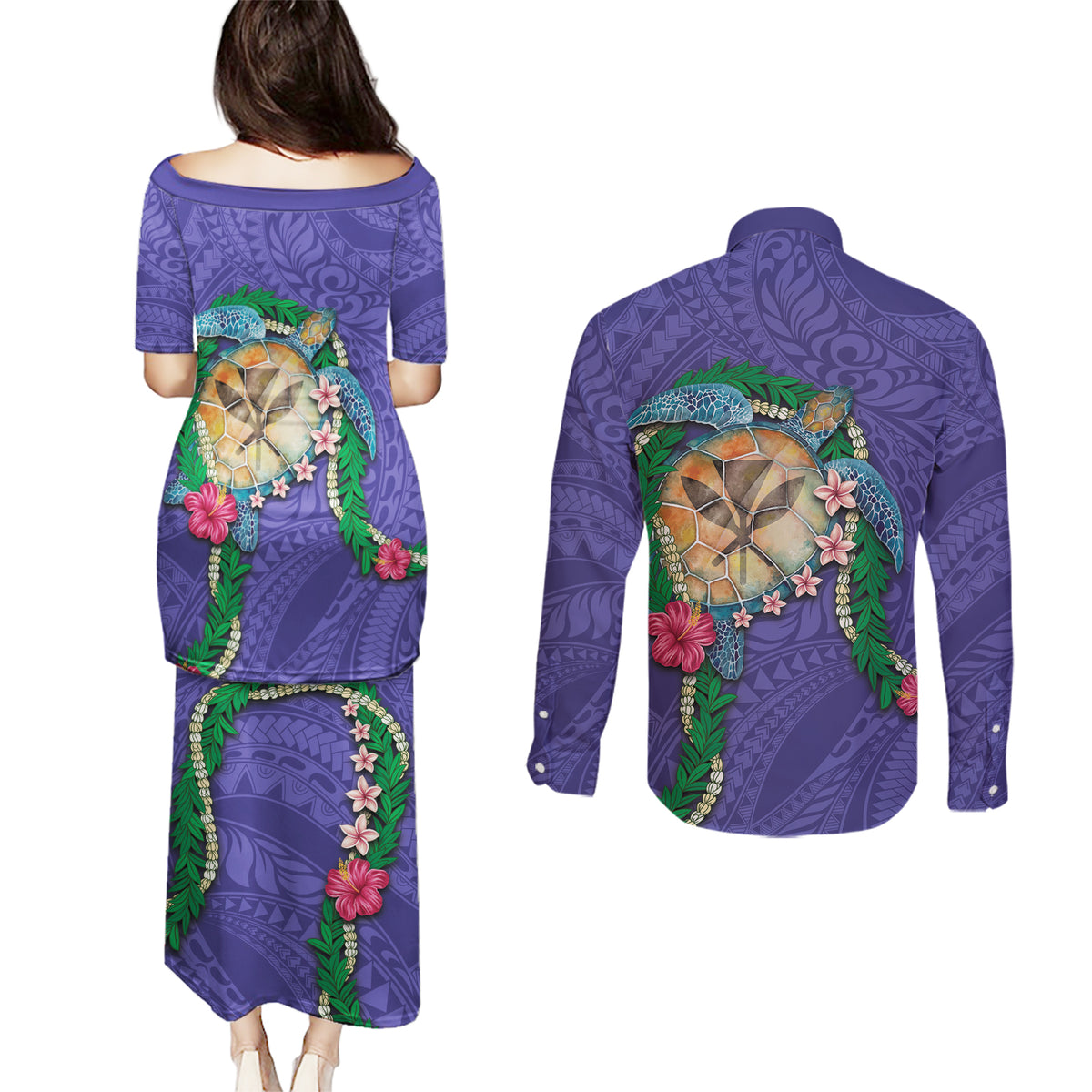 Hawaii Pikake and Maile Lei Couples Matching Puletasi and Long Sleeve Button Shirt Honu Polynesian Pattern Purple Color