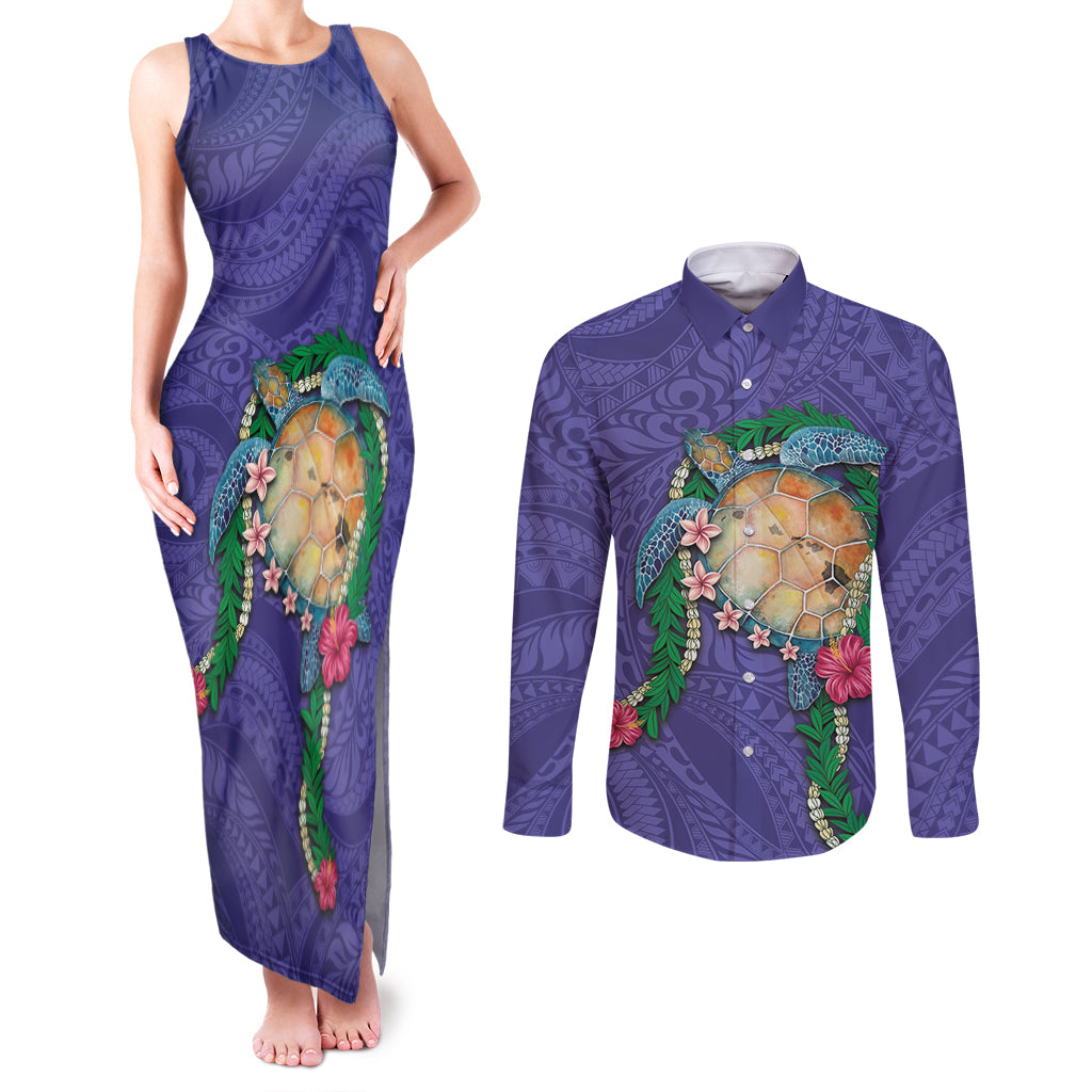 Hawaii Pikake and Maile Lei Couples Matching Tank Maxi Dress and Long Sleeve Button Shirt Honu Polynesian Pattern Purple Color