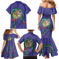 Hawaii Pikake and Maile Lei Family Matching Mermaid Dress and Hawaiian Shirt Honu Polynesian Pattern Purple Color