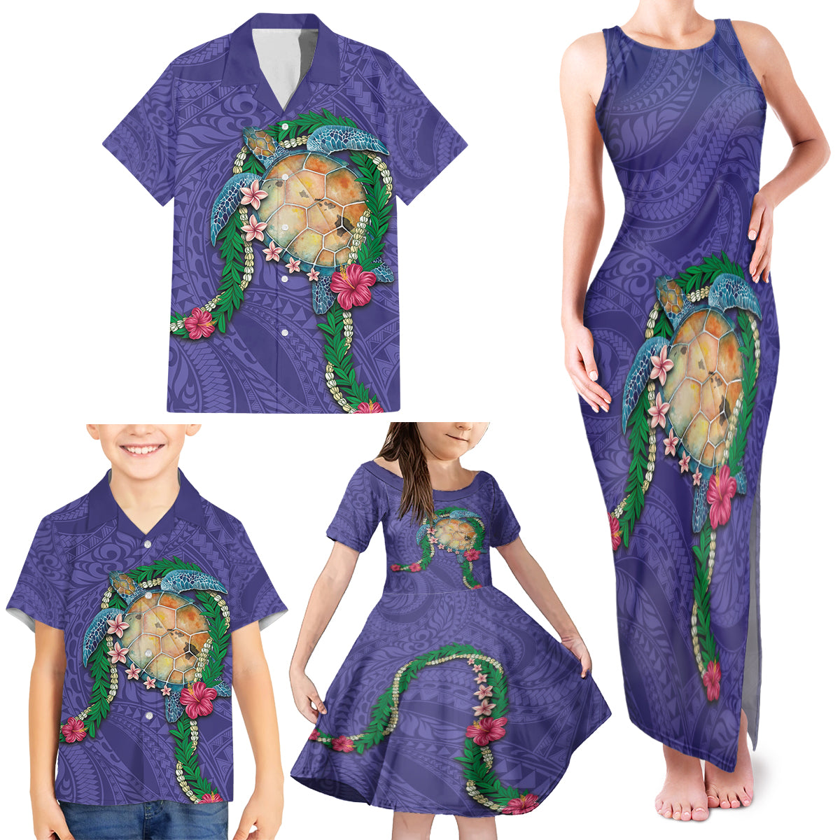 Hawaii Pikake and Maile Lei Family Matching Tank Maxi Dress and Hawaiian Shirt Honu Polynesian Pattern Purple Color LT03 - Polynesian Pride