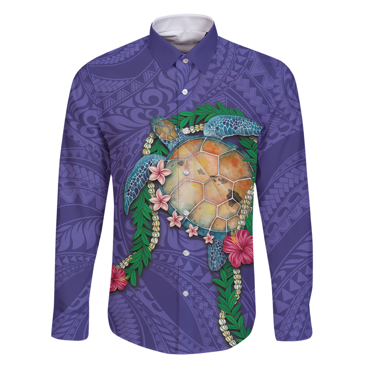 Hawaii Pikake and Maile Lei Family Matching Tank Maxi Dress and Hawaiian Shirt Honu Polynesian Pattern Purple Color LT03 Dad's Shirt - Long Sleeve Purple - Polynesian Pride