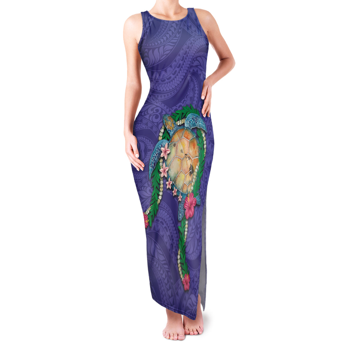 Hawaii Pikake and Maile Lei Family Matching Tank Maxi Dress and Hawaiian Shirt Honu Polynesian Pattern Purple Color LT03 Mom's Dress Purple - Polynesian Pride
