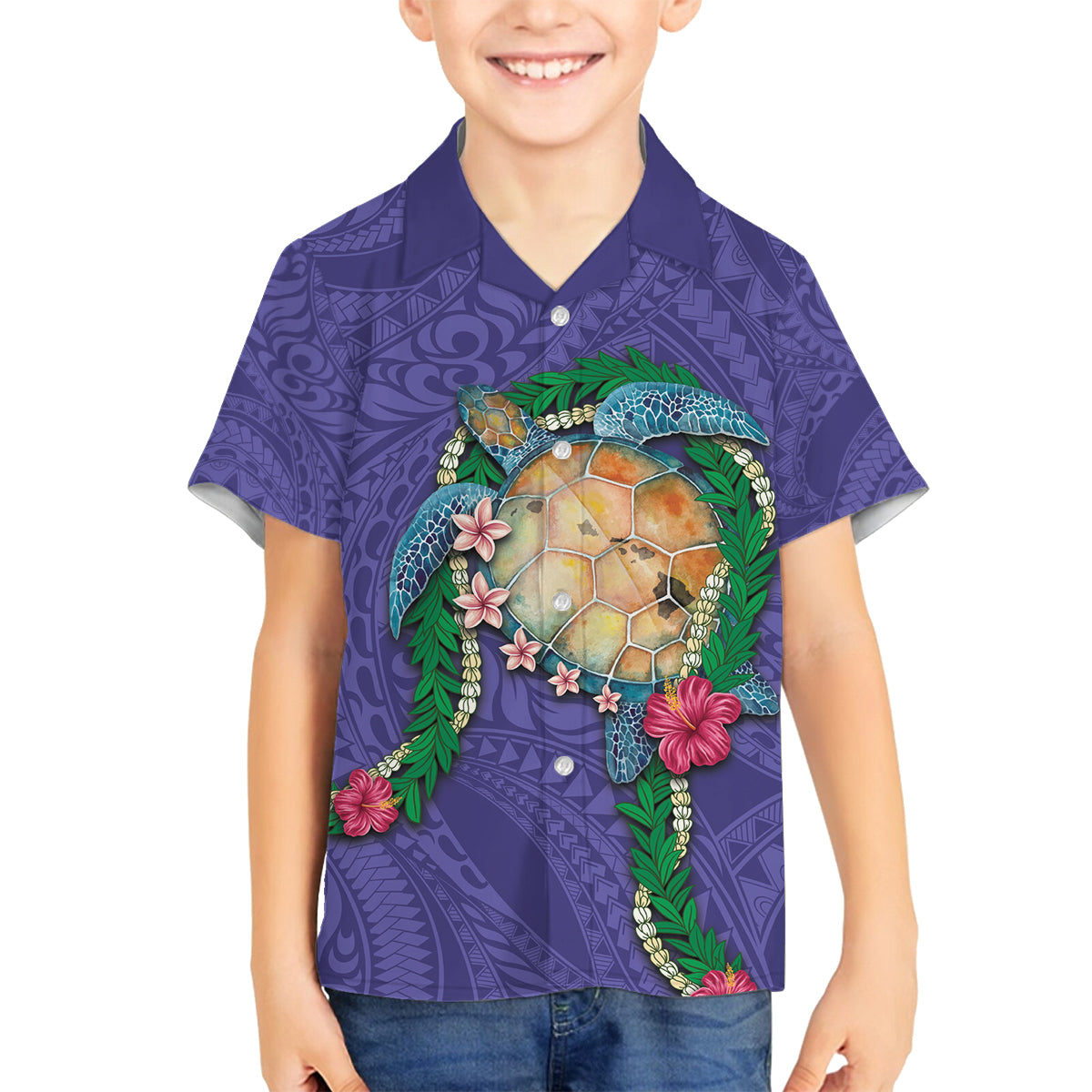 Hawaii Pikake and Maile Lei Family Matching Tank Maxi Dress and Hawaiian Shirt Honu Polynesian Pattern Purple Color LT03 Son's Shirt Purple - Polynesian Pride