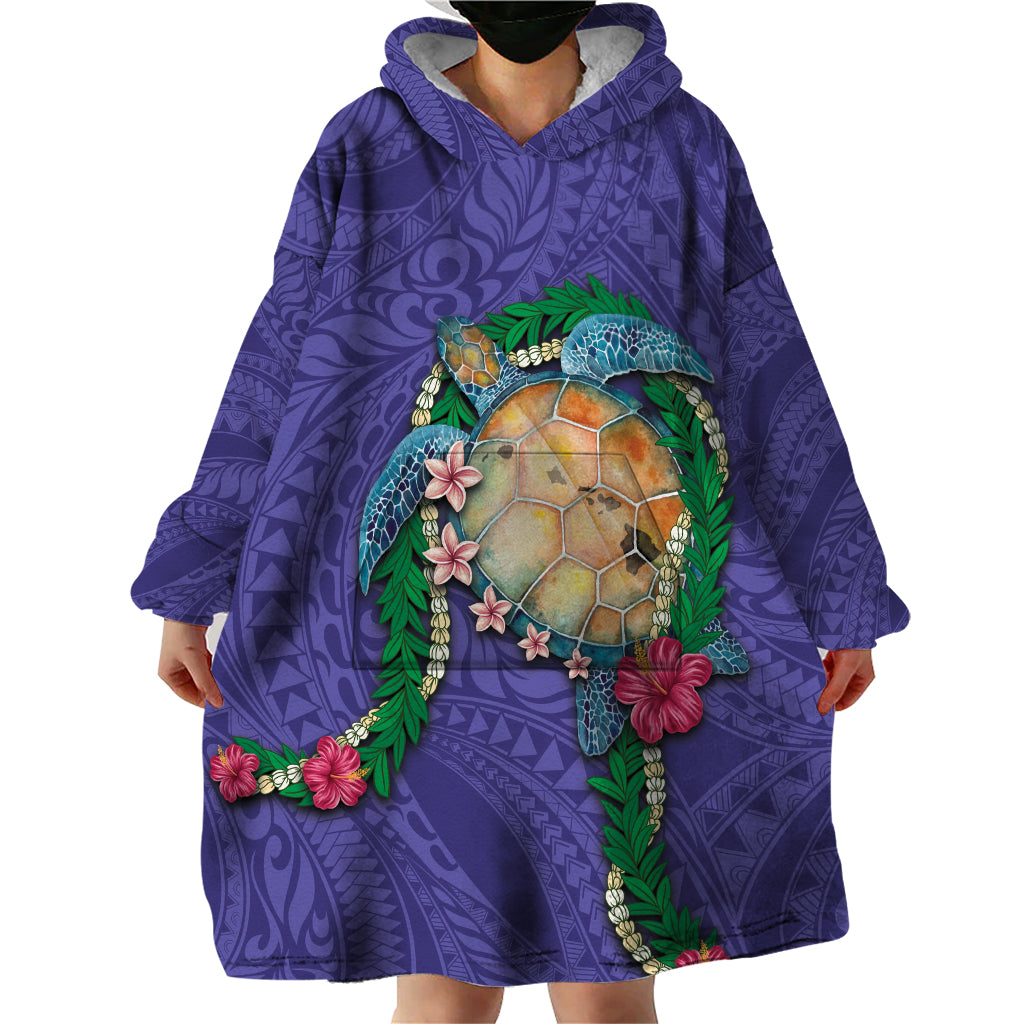 Hawaii Pikake and Maile Lei Wearable Blanket Hoodie Honu Polynesian Pattern Purple Color