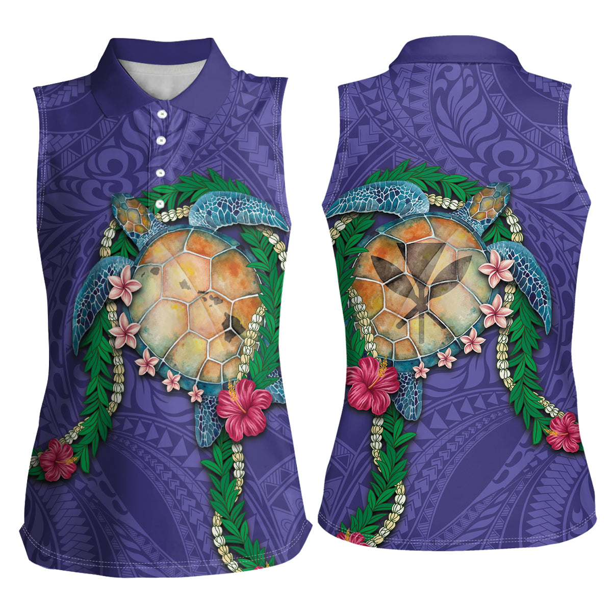 Hawaii Pikake and Maile Lei Women Sleeveless Polo Shirt Honu Polynesian Pattern Purple Color