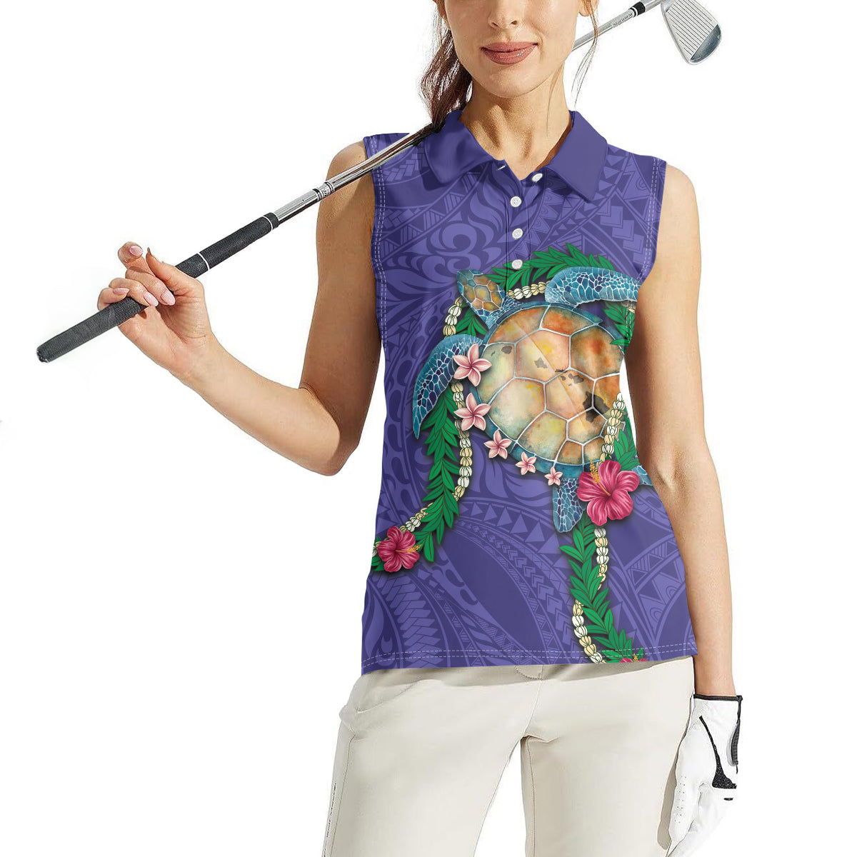 Hawaii Pikake and Maile Lei Women Sleeveless Polo Shirt Honu Polynesian Pattern Purple Color
