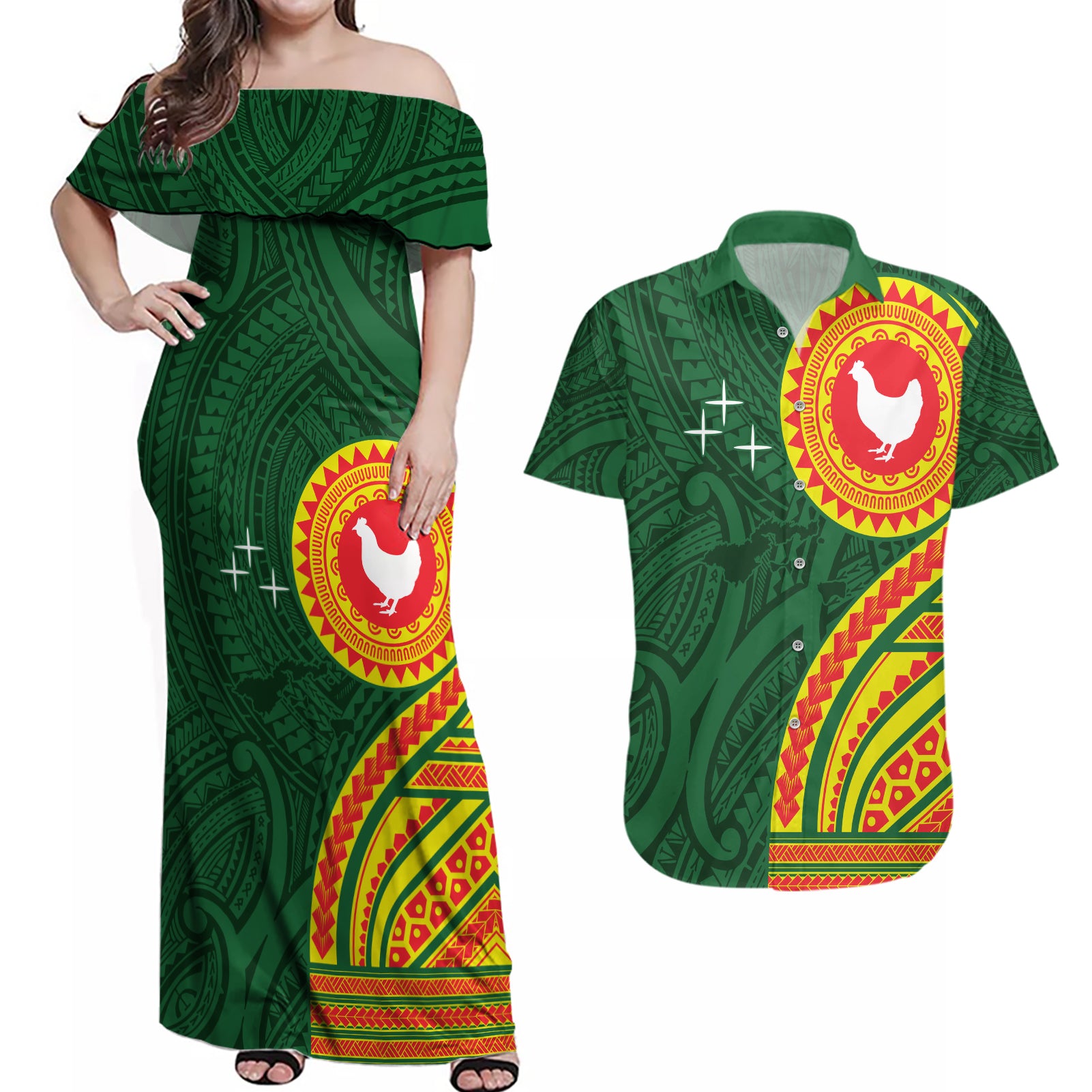 Manu'a Cession Day Couples Matching Off Shoulder Maxi Dress and Hawaiian Shirt Polynesian Pattern