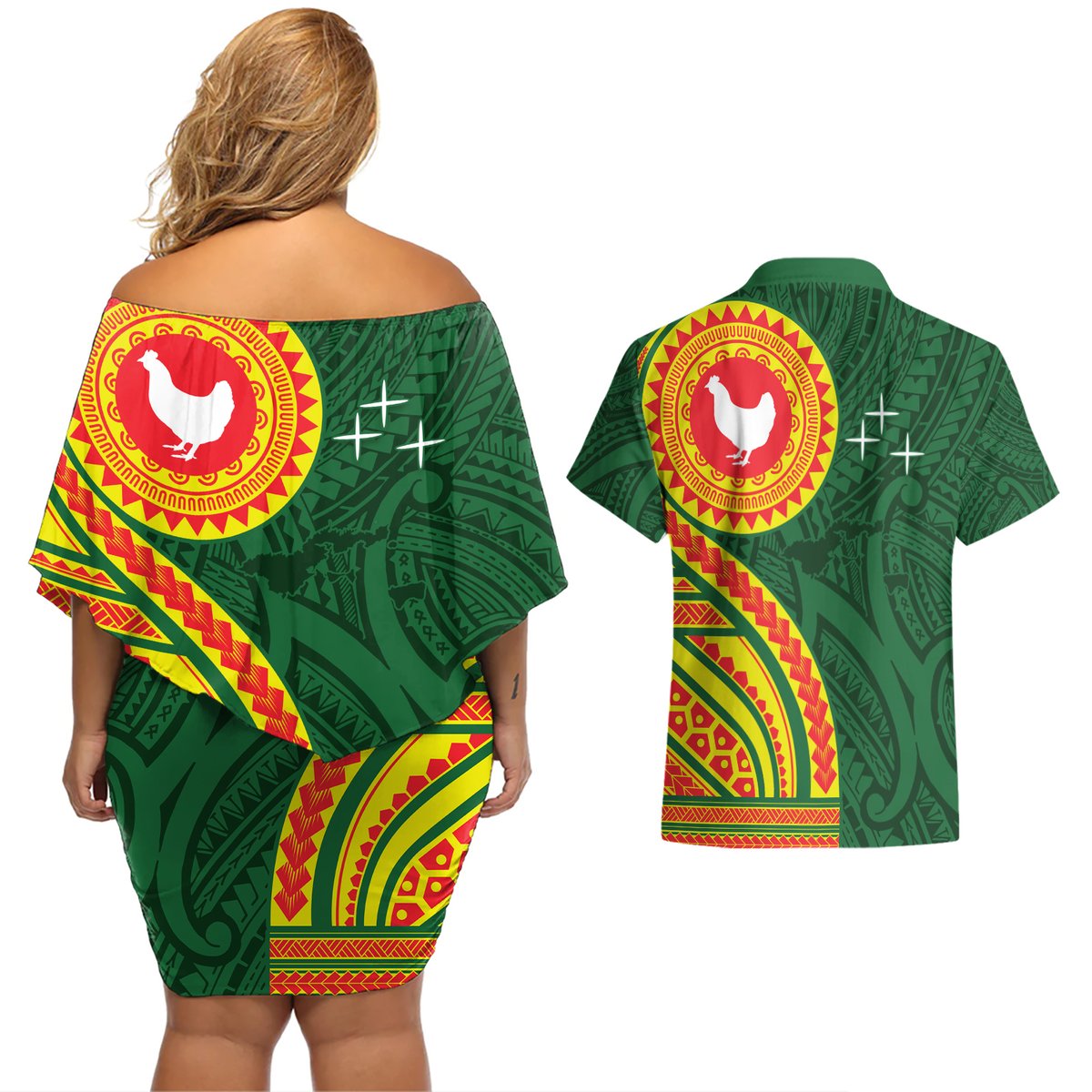 Manu'a Cession Day Couples Matching Off Shoulder Short Dress and Hawaiian Shirt Polynesian Pattern