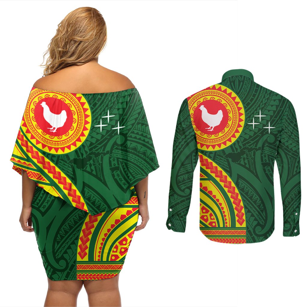 Manu'a Cession Day Couples Matching Off Shoulder Short Dress and Long Sleeve Button Shirt Polynesian Pattern