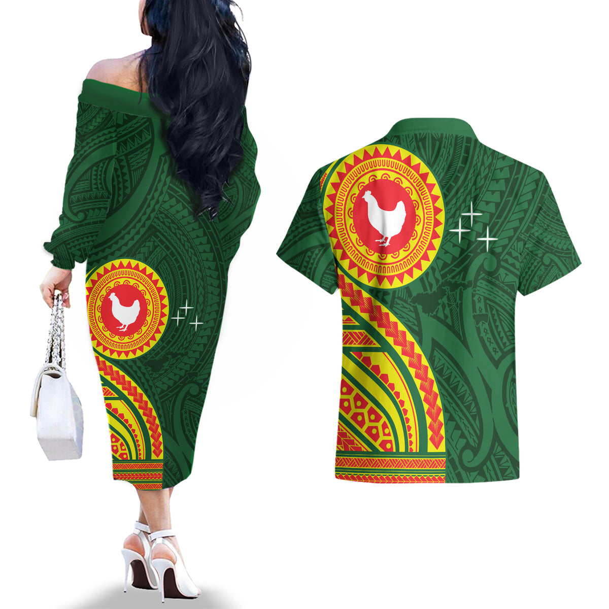 Manu'a Cession Day Couples Matching Off The Shoulder Long Sleeve Dress and Hawaiian Shirt Polynesian Pattern