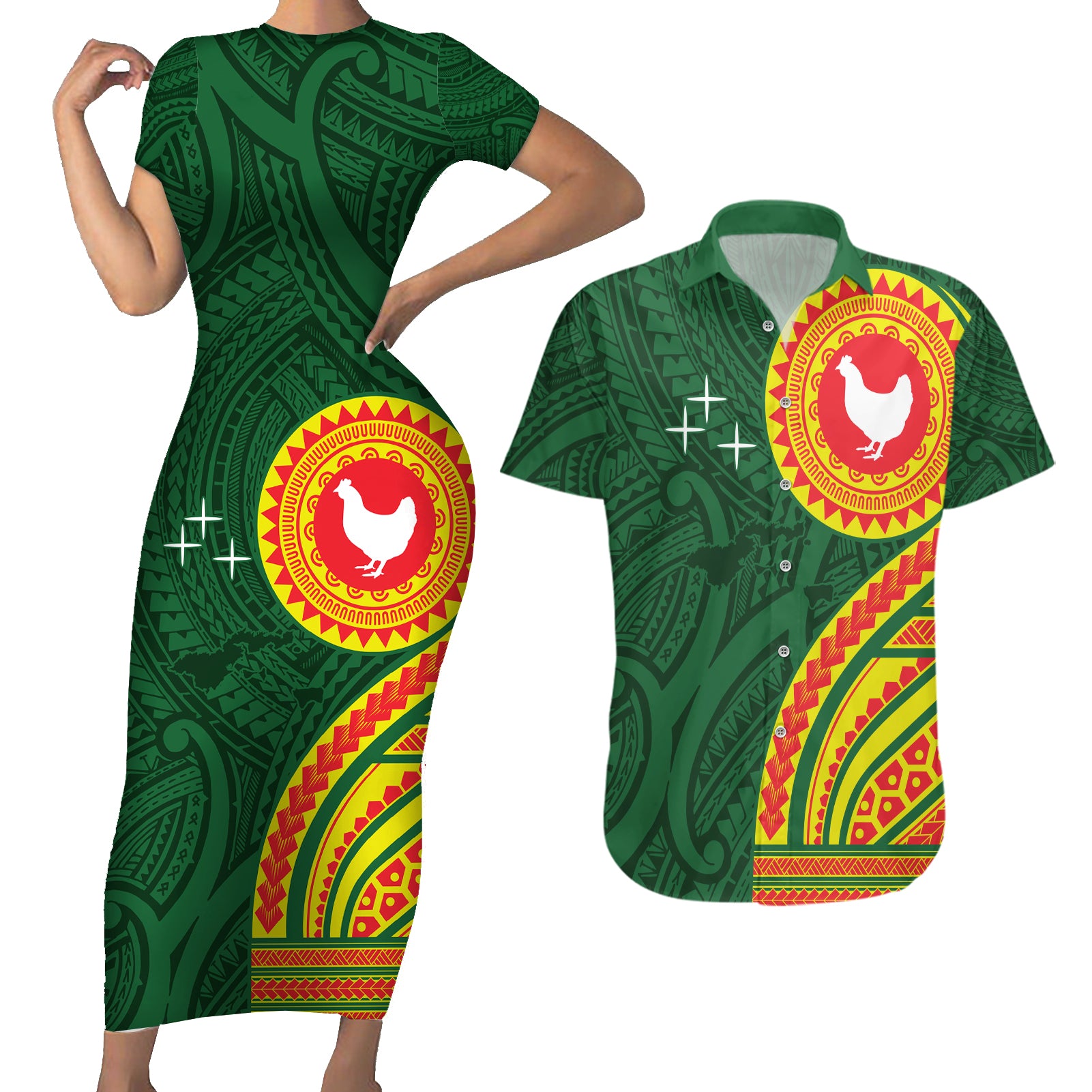 Manu'a Cession Day Couples Matching Short Sleeve Bodycon Dress and Hawaiian Shirt Polynesian Pattern