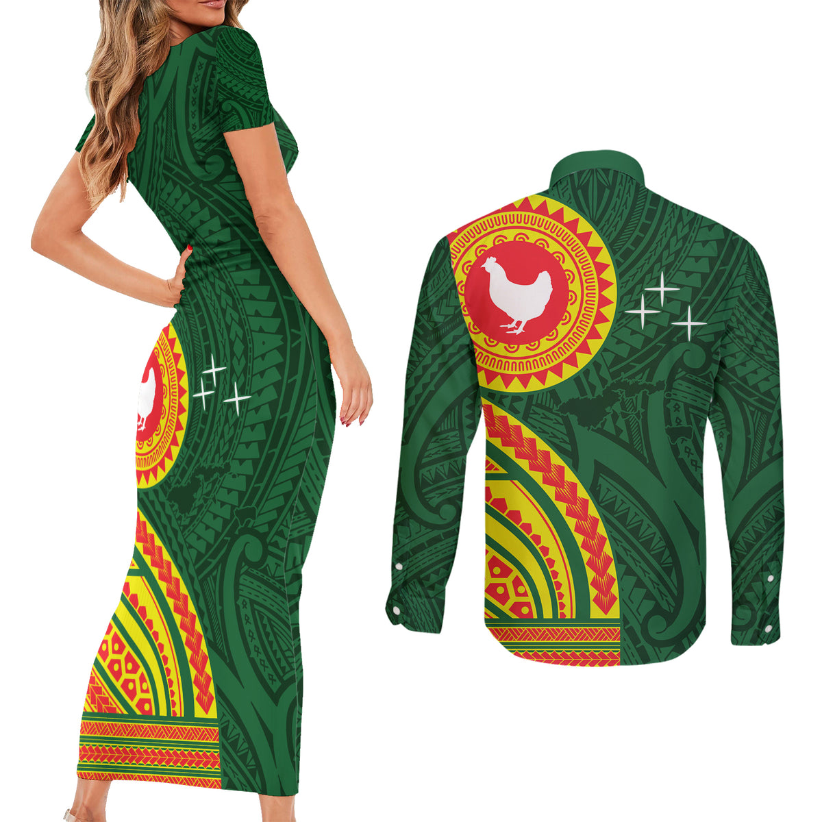Manu'a Cession Day Couples Matching Short Sleeve Bodycon Dress and Long Sleeve Button Shirt Polynesian Pattern