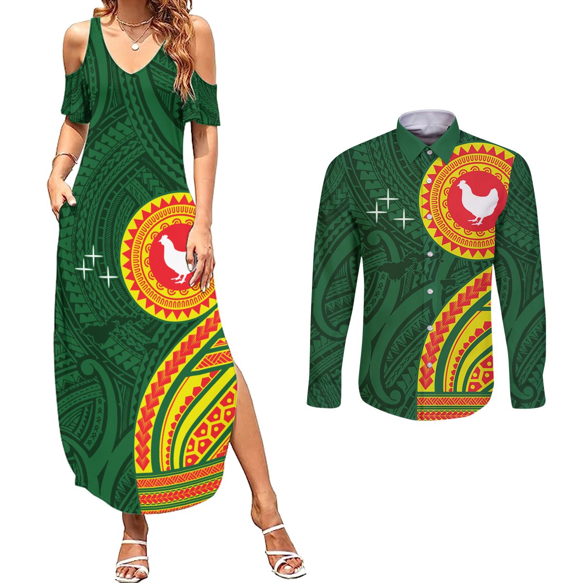 Manu'a Cession Day Couples Matching Summer Maxi Dress and Long Sleeve Button Shirt Polynesian Pattern