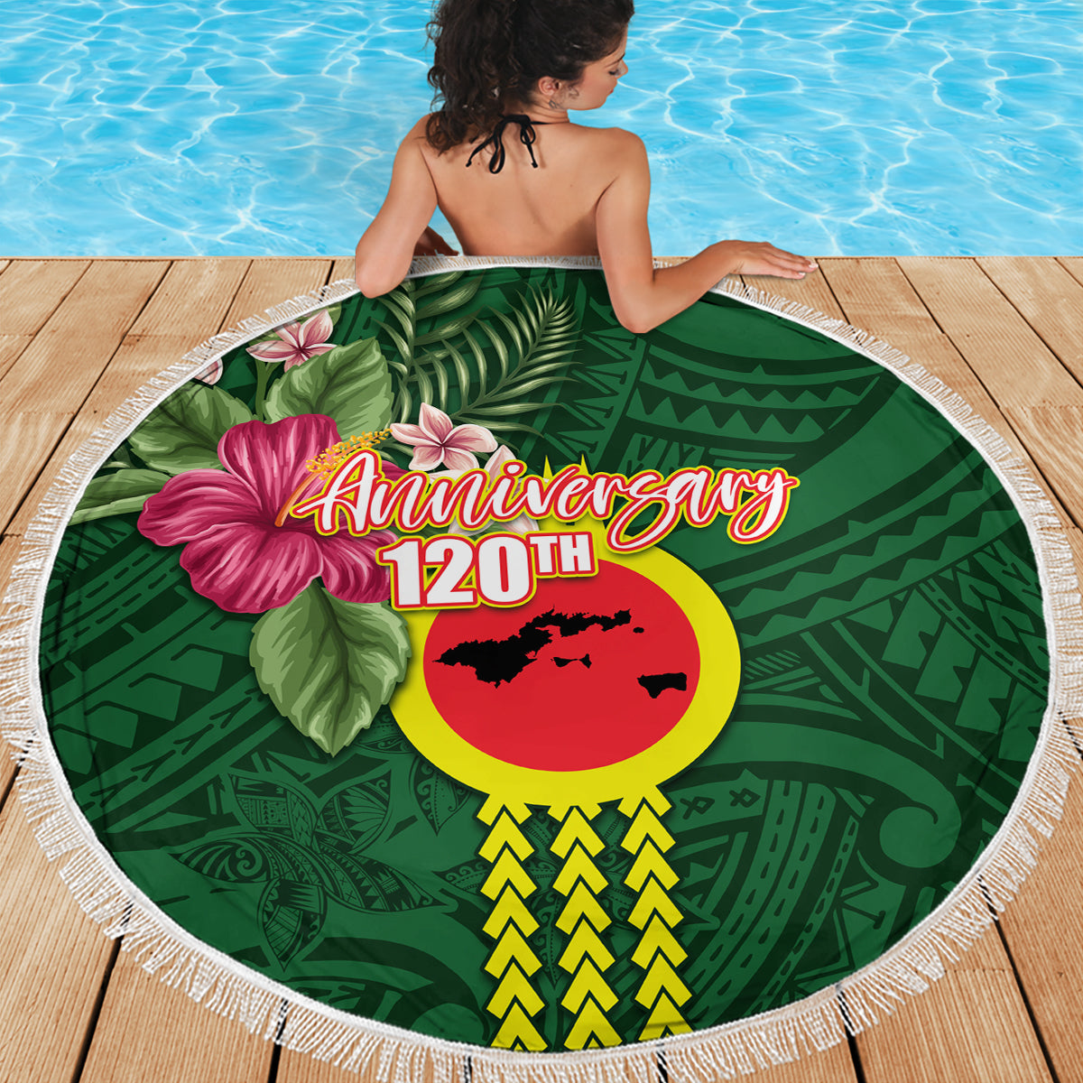Manu'a Cession Day 120th Anniversary Beach Blanket Polynesian Pattern and Hibiscus Flower