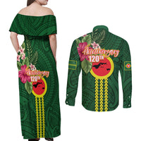 Manu'a Cession Day 120th Anniversary Couples Matching Off Shoulder Maxi Dress and Long Sleeve Button Shirt Polynesian Pattern and Hibiscus Flower