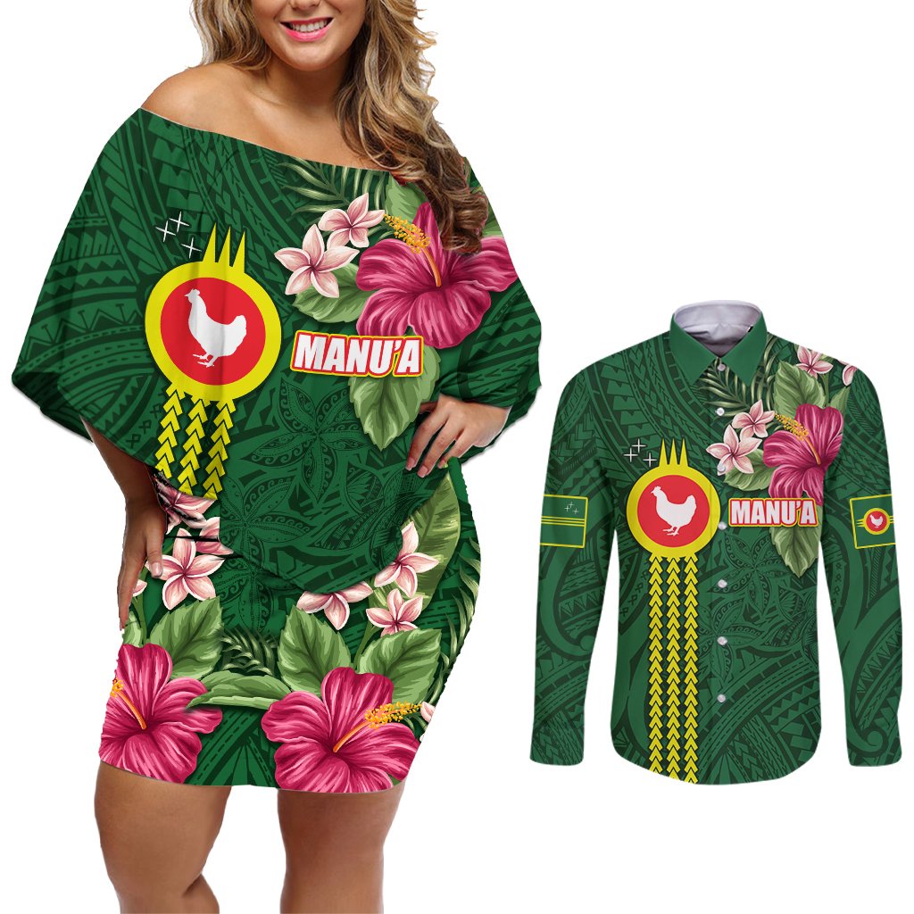 Manu'a Cession Day 120th Anniversary Couples Matching Off Shoulder Short Dress and Long Sleeve Button Shirt Polynesian Pattern and Hibiscus Flower