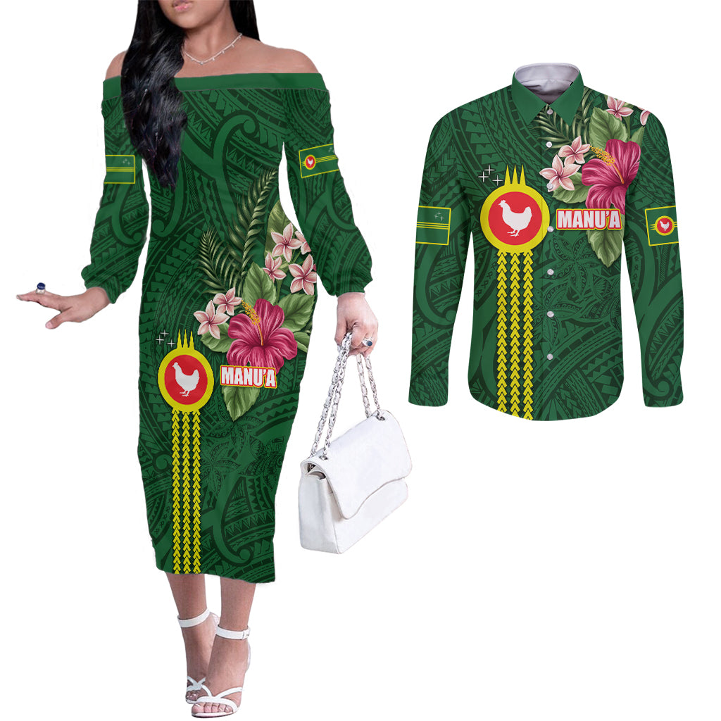 Manu'a Cession Day 120th Anniversary Couples Matching Off The Shoulder Long Sleeve Dress and Long Sleeve Button Shirt Polynesian Pattern and Hibiscus Flower
