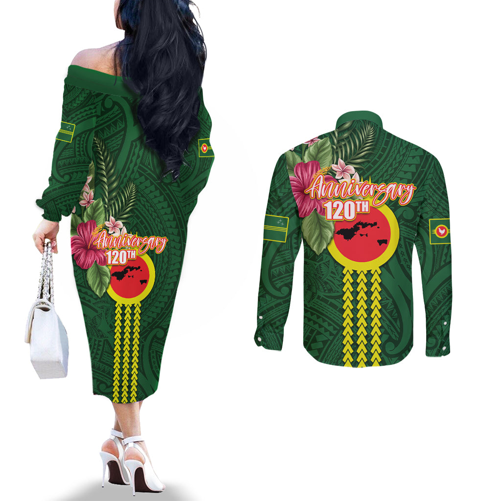 Manu'a Cession Day 120th Anniversary Couples Matching Off The Shoulder Long Sleeve Dress and Long Sleeve Button Shirt Polynesian Pattern and Hibiscus Flower