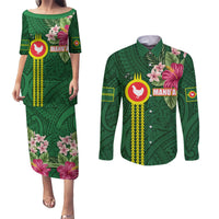 Manu'a Cession Day 120th Anniversary Couples Matching Puletasi and Long Sleeve Button Shirt Polynesian Pattern and Hibiscus Flower
