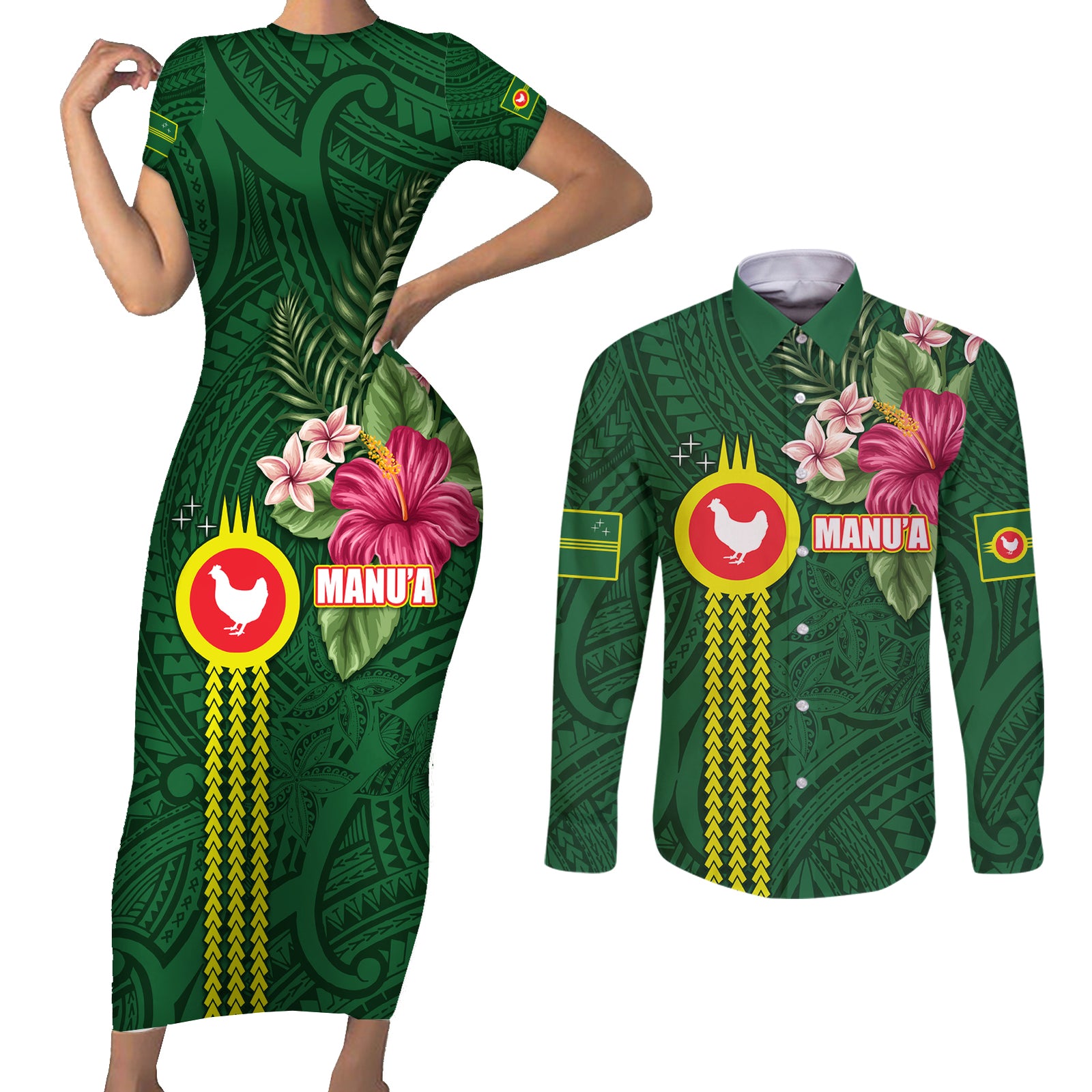 Manu'a Cession Day 120th Anniversary Couples Matching Short Sleeve Bodycon Dress and Long Sleeve Button Shirt Polynesian Pattern and Hibiscus Flower
