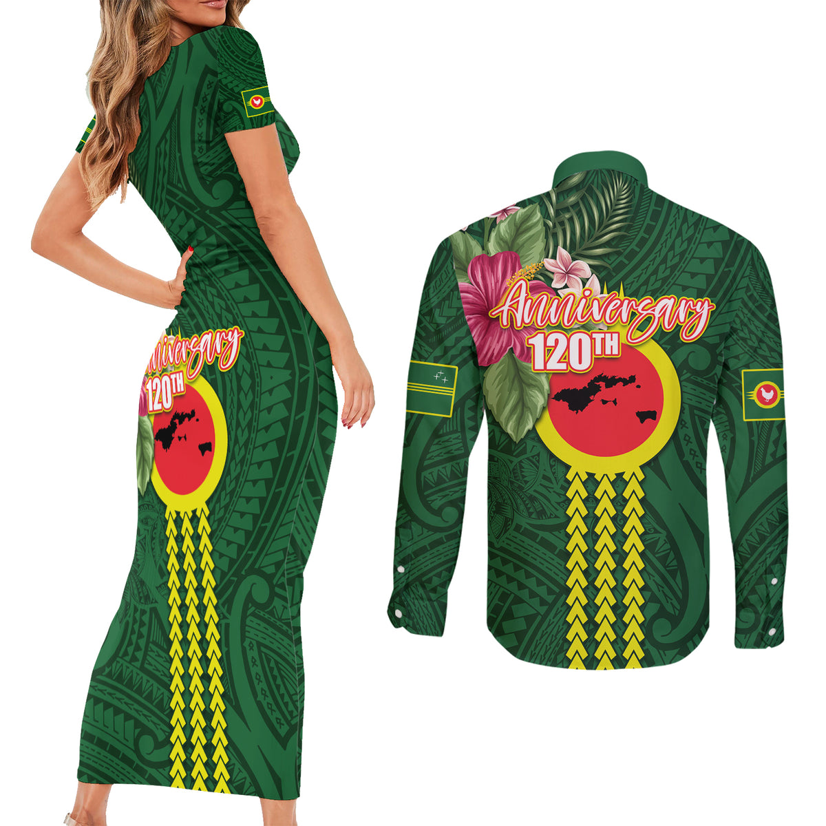 Manu'a Cession Day 120th Anniversary Couples Matching Short Sleeve Bodycon Dress and Long Sleeve Button Shirt Polynesian Pattern and Hibiscus Flower