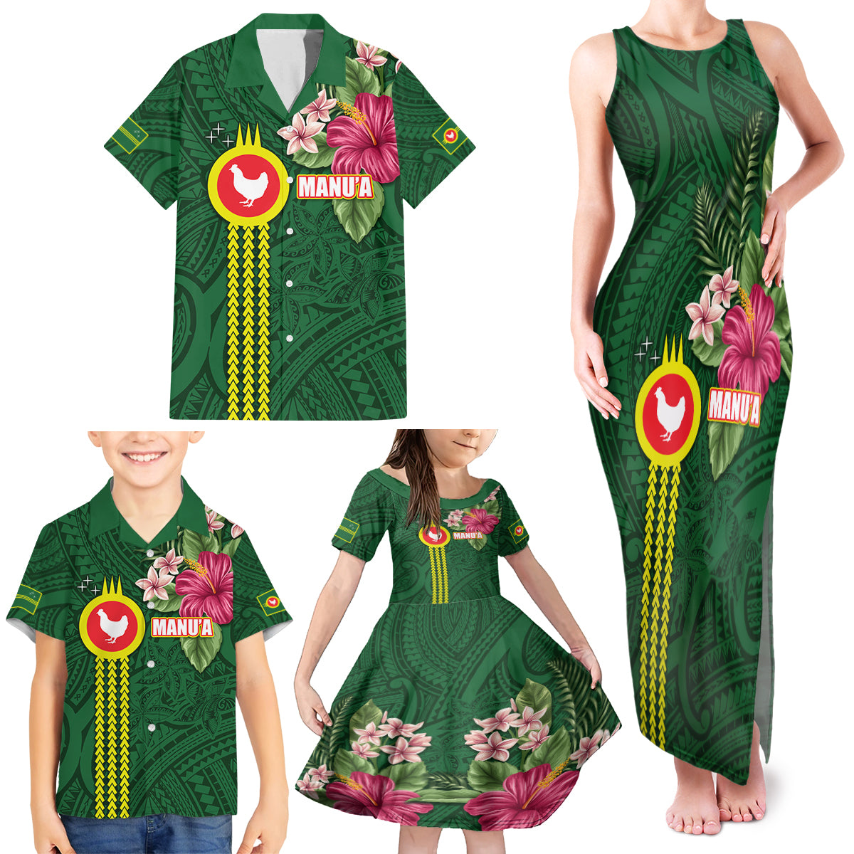 Manu'a Cession Day 120th Anniversary Family Matching Tank Maxi Dress and Hawaiian Shirt Polynesian Pattern and Hibiscus Flower