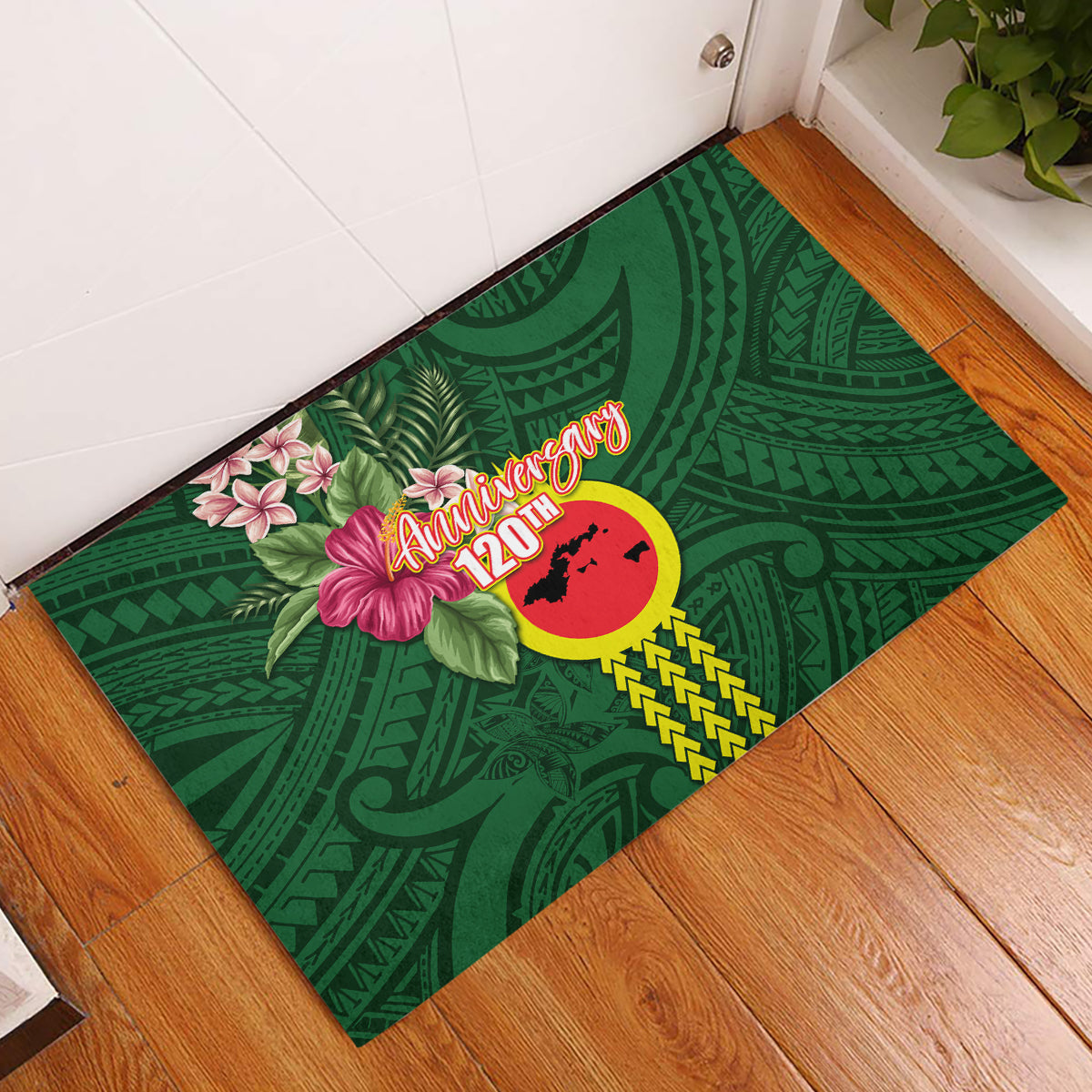 Manu'a Cession Day 120th Anniversary Rubber Doormat Polynesian Pattern and Hibiscus Flower