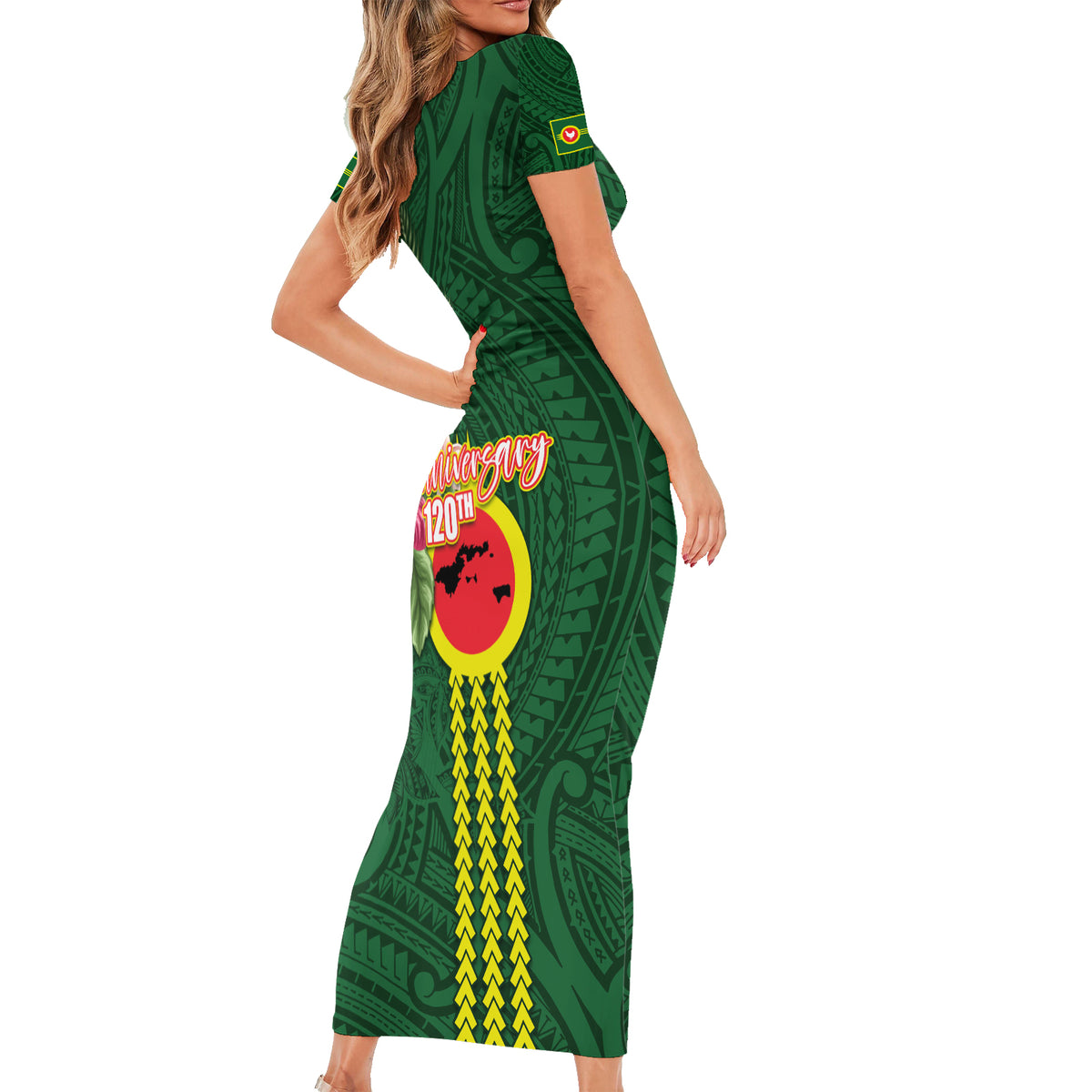 Manu'a Cession Day 120th Anniversary Short Sleeve Bodycon Dress Polynesian Pattern and Hibiscus Flower