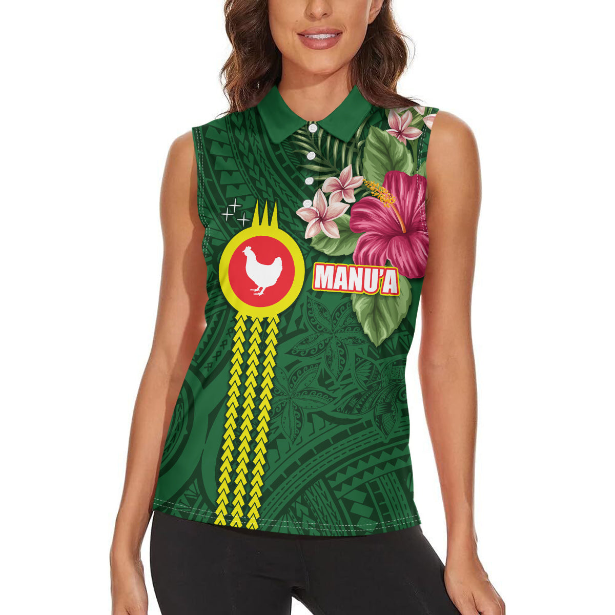 Manu'a Cession Day 120th Anniversary Women Sleeveless Polo Shirt Polynesian Pattern and Hibiscus Flower