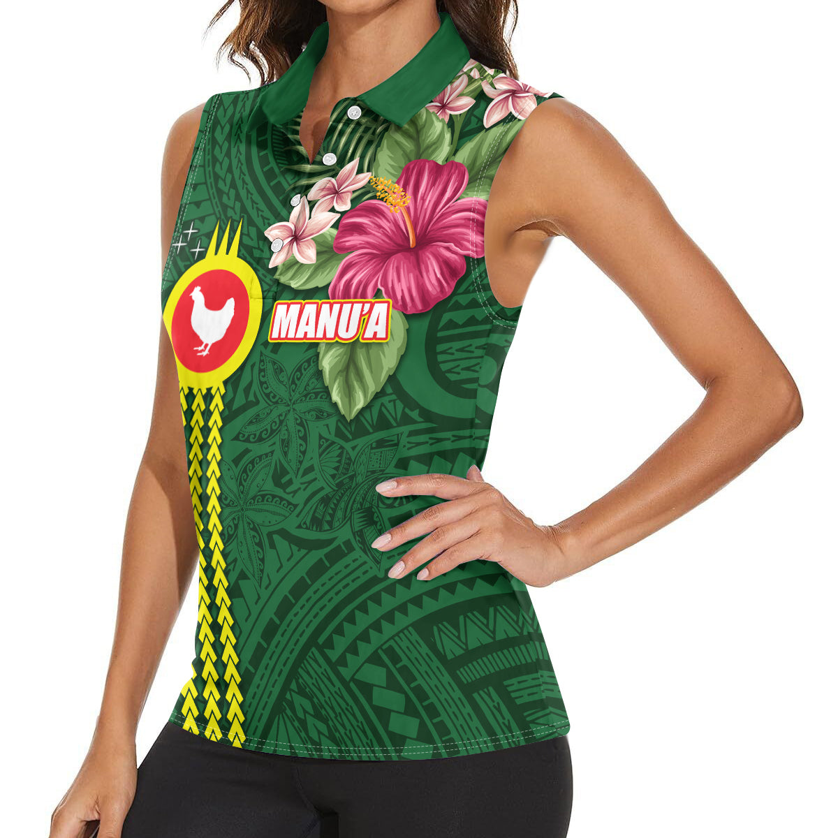 Manu'a Cession Day 120th Anniversary Women Sleeveless Polo Shirt Polynesian Pattern and Hibiscus Flower