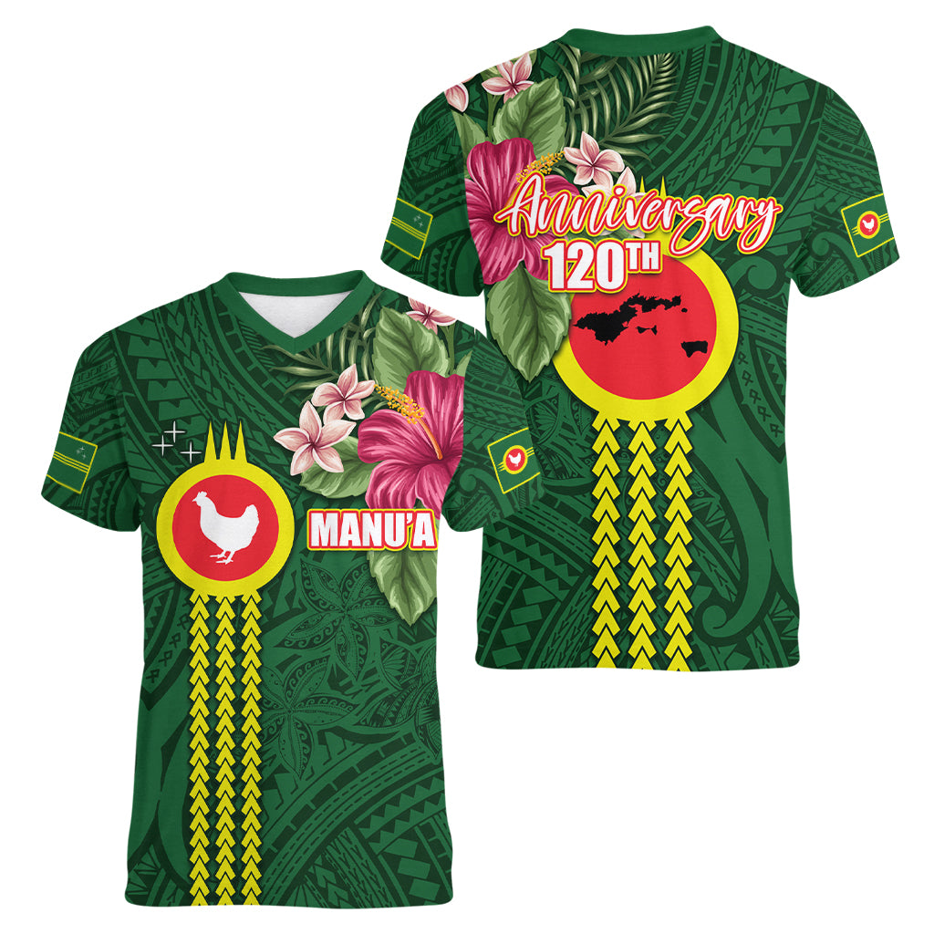 Manu'a Cession Day 120th Anniversary Women V-Neck T-Shirt Polynesian Pattern and Hibiscus Flower