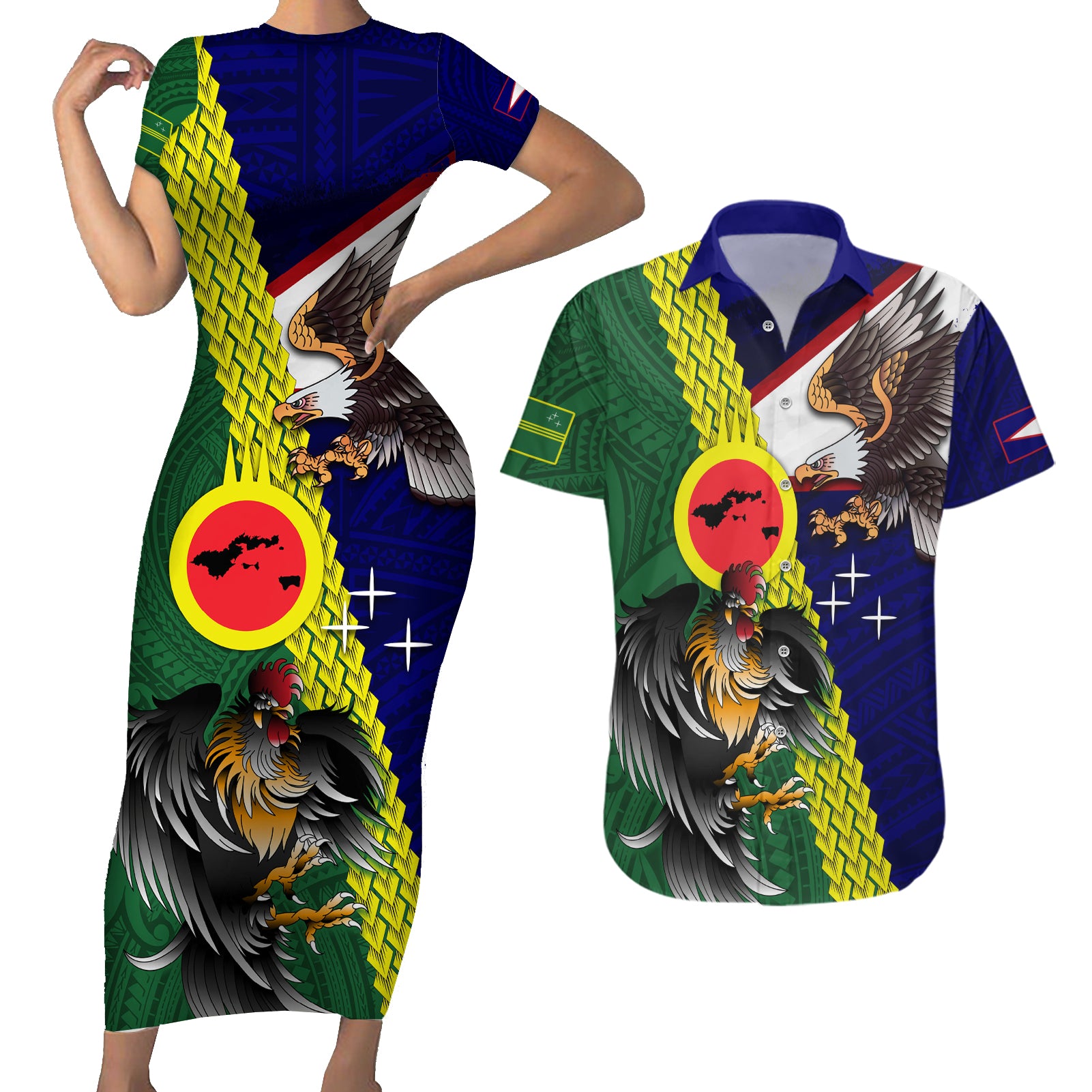 Manu'a Island and American Samoa Couples Matching Short Sleeve Bodycon Dress and Hawaiian Shirt Rooster and Eagle Mascot