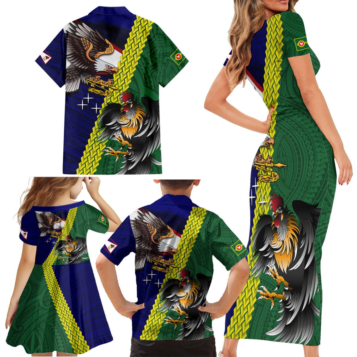 Manu'a Island and American Samoa Family Matching Short Sleeve Bodycon Dress and Hawaiian Shirt Rooster and Eagle Mascot