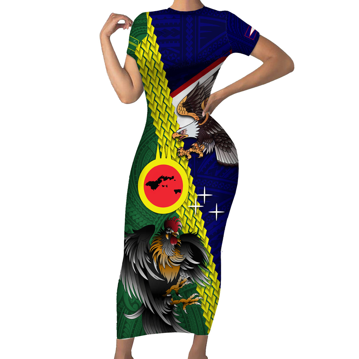 Manu'a Island and American Samoa Family Matching Short Sleeve Bodycon Dress and Hawaiian Shirt Rooster and Eagle Mascot