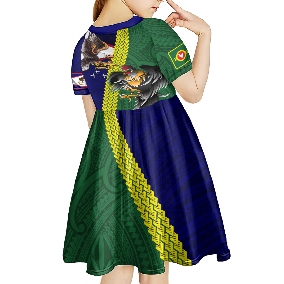 Manu'a Island and American Samoa Kid Short Sleeve Dress Rooster and Eagle Mascot