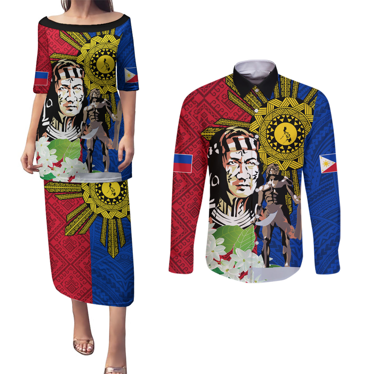 Philippines Lapu-Lapu Couples Matching Puletasi and Long Sleeve Button Shirt Filipino Sun Tattoo With Yakan Pattern