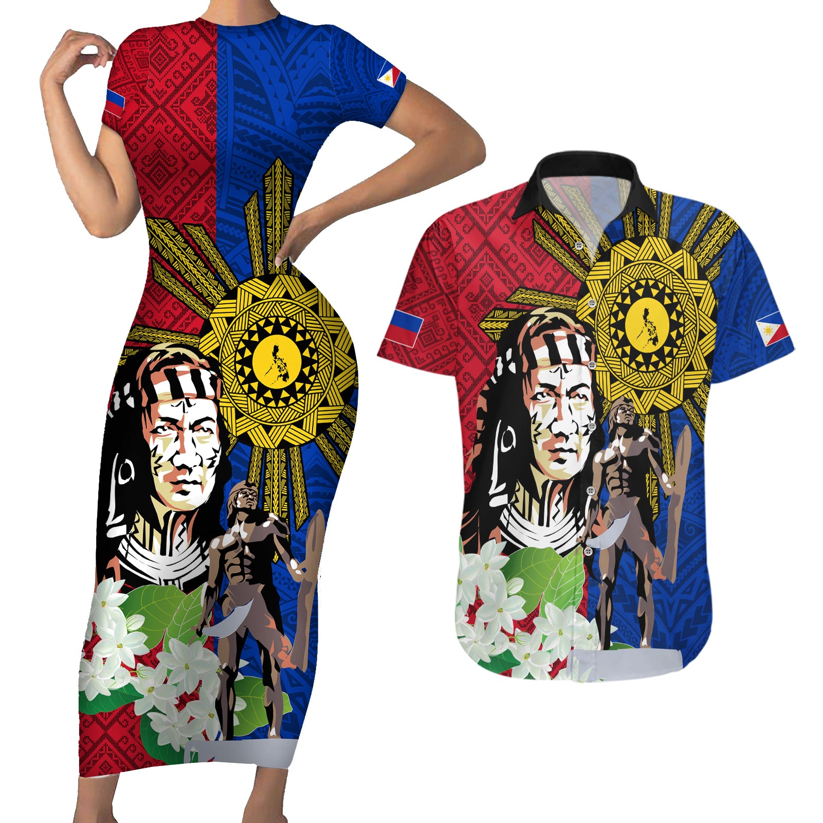 Philippines Lapu-Lapu Couples Matching Short Sleeve Bodycon Dress and Hawaiian Shirt Filipino Sun Tattoo With Yakan Pattern