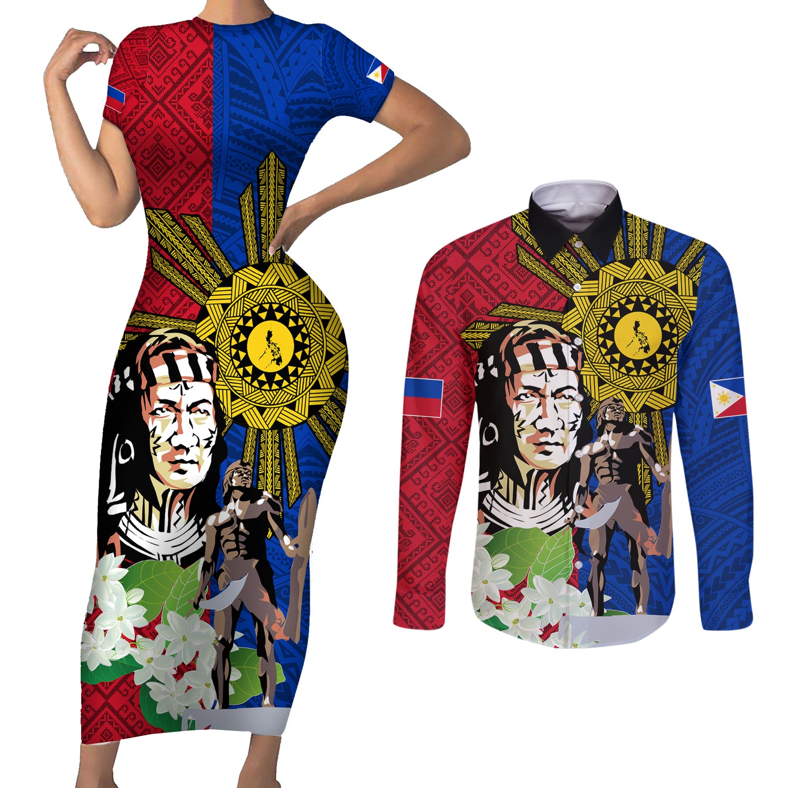 Philippines Lapu-Lapu Couples Matching Short Sleeve Bodycon Dress and Long Sleeve Button Shirt Filipino Sun Tattoo With Yakan Pattern