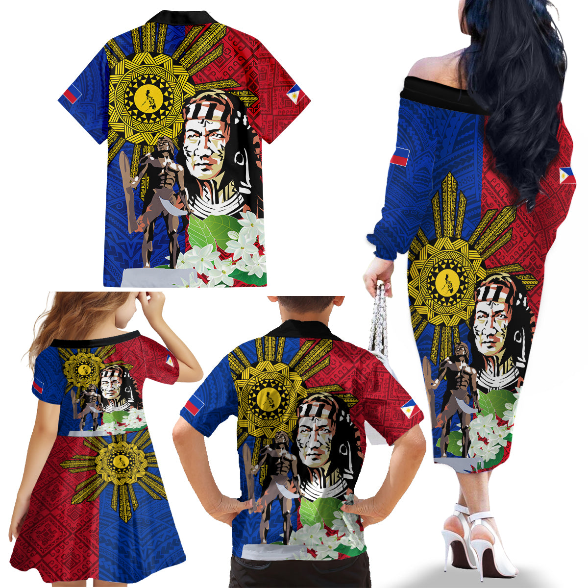 Philippines Lapu-Lapu Family Matching Off The Shoulder Long Sleeve Dress and Hawaiian Shirt Filipino Sun Tattoo With Yakan Pattern