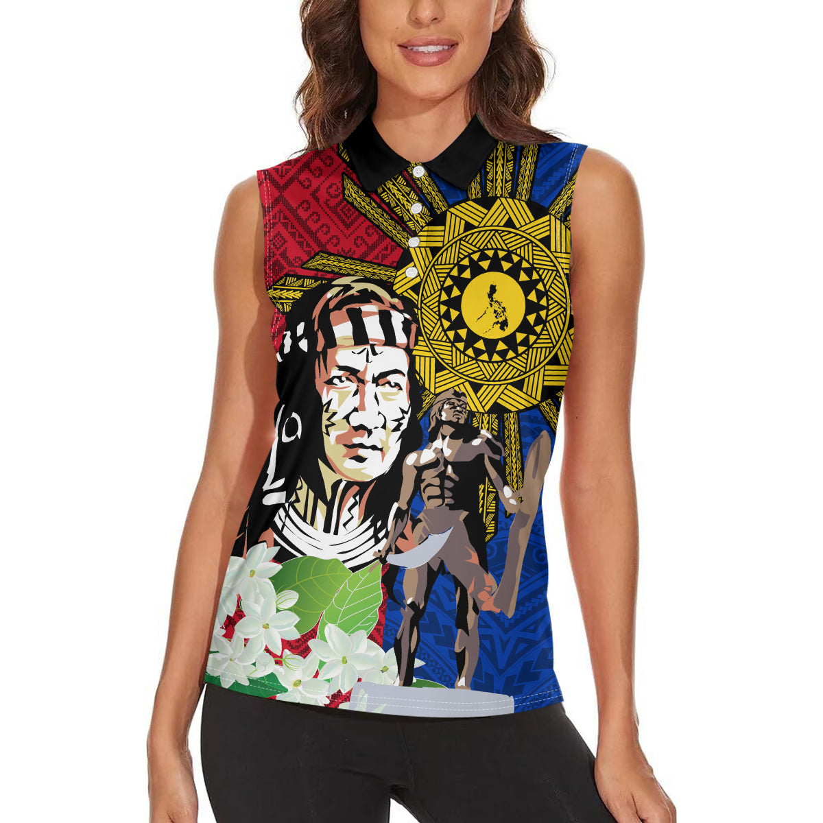 Philippines Lapu-Lapu Women Sleeveless Polo Shirt Filipino Sun Tattoo With Yakan Pattern
