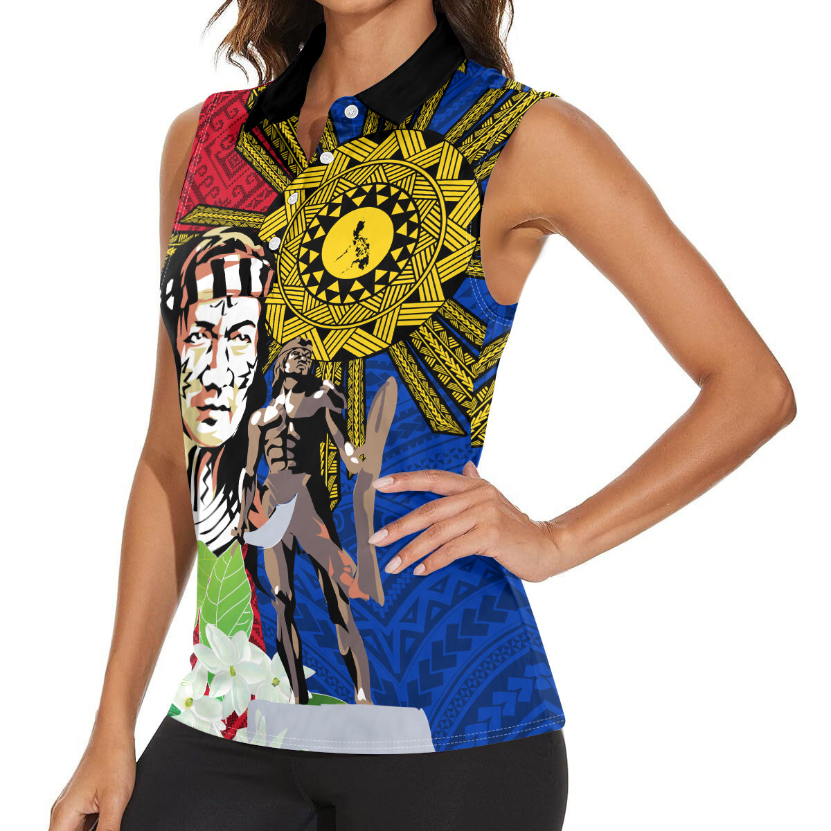 Philippines Lapu-Lapu Women Sleeveless Polo Shirt Filipino Sun Tattoo With Yakan Pattern
