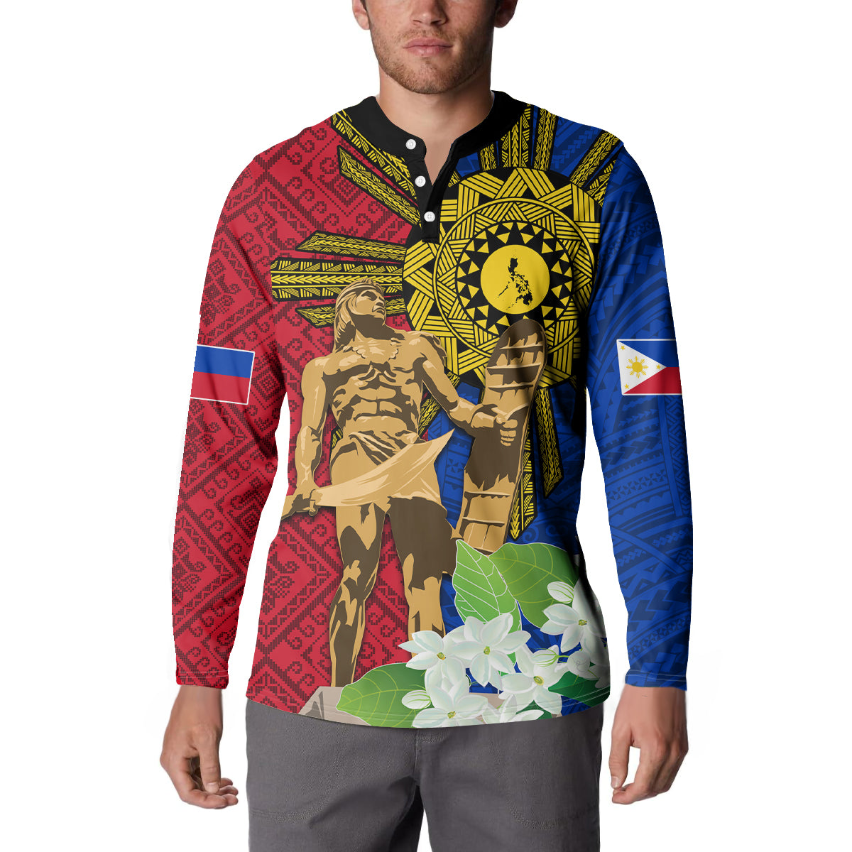 Philippines Lapu Lapu King Jasmine Flowers Button Sweatshirt Filipino Sun Tattoo
