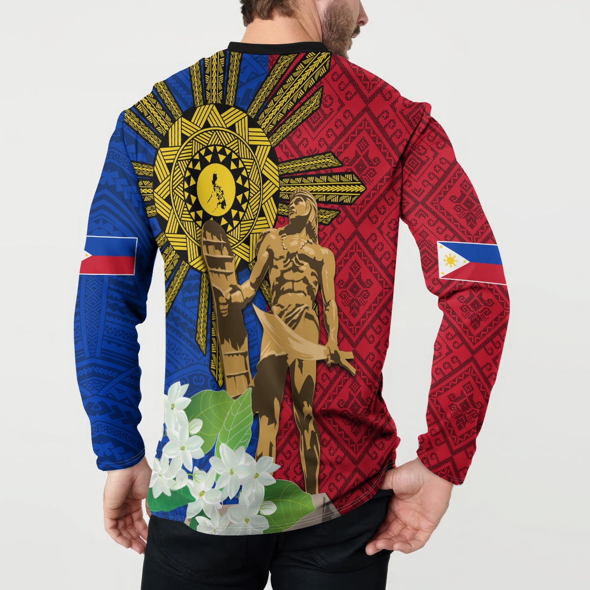 Philippines Lapu Lapu King Jasmine Flowers Button Sweatshirt Filipino Sun Tattoo