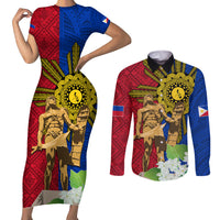 Philippines Lapu Lapu King Jasmine Flowers Couples Matching Short Sleeve Bodycon Dress and Long Sleeve Button Shirt Filipino Sun Tattoo