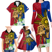 Philippines Lapu Lapu King Jasmine Flowers Family Matching Long Sleeve Bodycon Dress and Hawaiian Shirt Filipino Sun Tattoo
