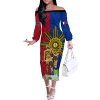 Philippines Lapu Lapu King Jasmine Flowers Family Matching Off The Shoulder Long Sleeve Dress and Hawaiian Shirt Filipino Sun Tattoo