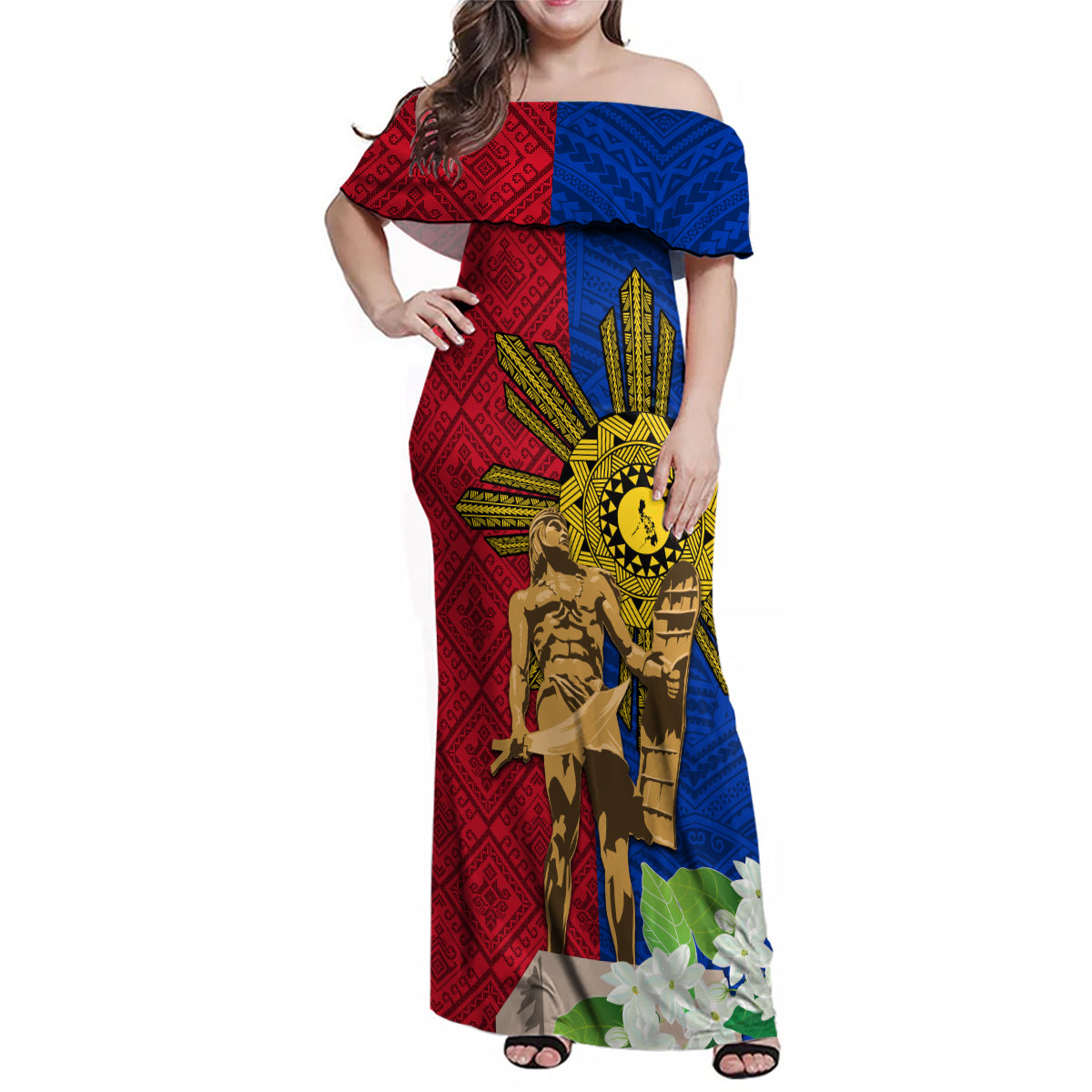 Philippines Lapu Lapu King Jasmine Flowers Family Matching Off Shoulder Maxi Dress and Hawaiian Shirt Filipino Sun Tattoo