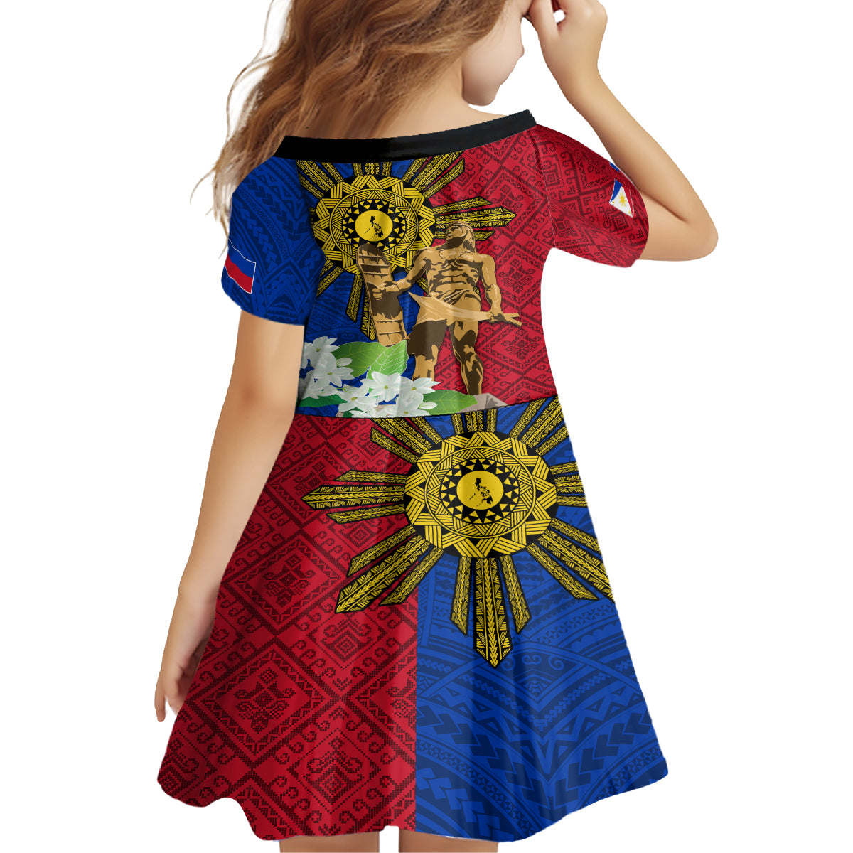 Philippines Lapu Lapu King Jasmine Flowers Kid Short Sleeve Dress Filipino Sun Tattoo