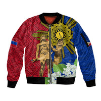 Philippines Lapu Lapu King Jasmine Flowers Sleeve Zip Bomber Jacket Filipino Sun Tattoo